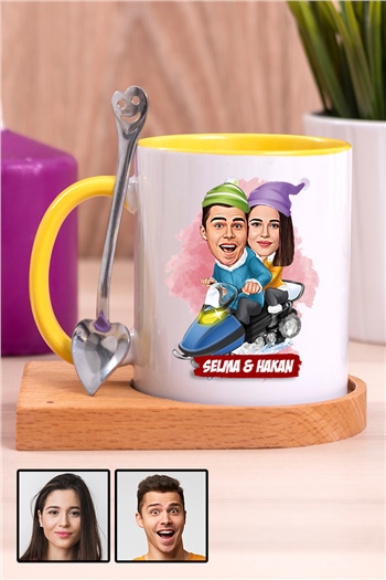 Kız Arkadaşa Romantik Hediye Karikatürlü Ahşap Altlıklı İçi Renkli Kupa Bardak