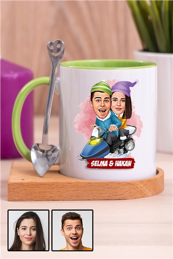 Kız Arkadaşa Romantik Hediye Karikatürlü Ahşap Altlıklı İçi Renkli Kupa Bardak