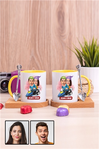 Bayan Sevgiliye Hediye Karikatürlü İkili Ahşap Altlıklı İçi Renkli Kupa Bardak