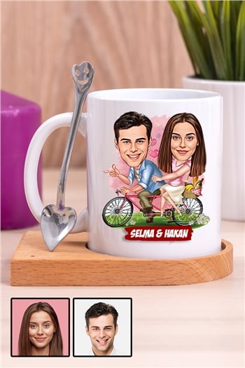 Sevgililere Özel Hediye Bisiklet Temalı Karikatürlü Ahşap Altlıklı Beyaz Kupa Bardak