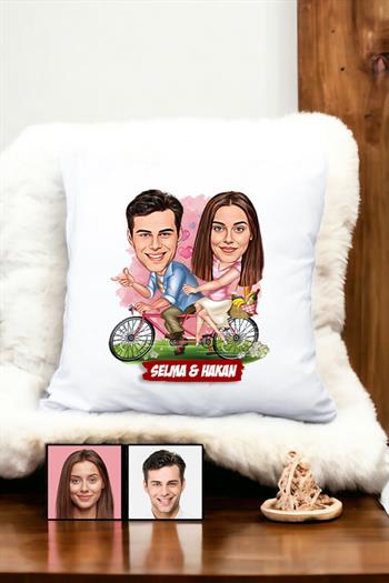 Sevgililere Özel Hediye Bisiklet Temalı Karikatürlü Yastık