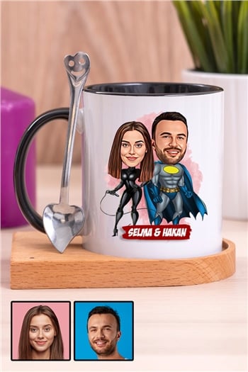 Sevgililere Özel Süper Kahraman  Karikatürlü Ahşap Altlıklı İçi Renkli Kupa Bardak