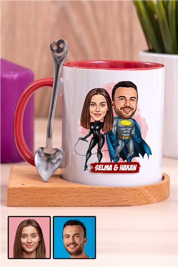 Sevgililere Özel Süper Kahraman  Karikatürlü Ahşap Altlıklı İçi Renkli Kupa Bardak