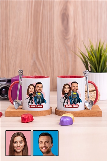 Sevgililere Özel Süper Kahraman  Karikatürlü İkili Ahşap Altlıklı İçi Renkli Kupa Bardak