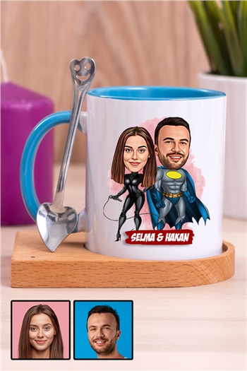Sevgililere Özel Süper Kahraman  Karikatürlü Ahşap Altlıklı İçi Renkli Kupa Bardak