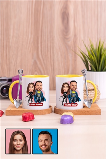 Sevgililere Özel Süper Kahraman  Karikatürlü İkili Ahşap Altlıklı İçi Renkli Kupa Bardak