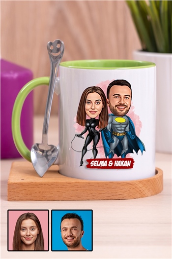 Sevgililere Özel Süper Kahraman  Karikatürlü Ahşap Altlıklı İçi Renkli Kupa Bardak