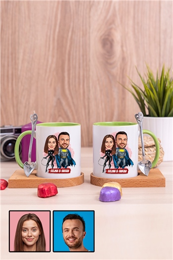 Sevgililere Özel Süper Kahraman  Karikatürlü İkili Ahşap Altlıklı İçi Renkli Kupa Bardak