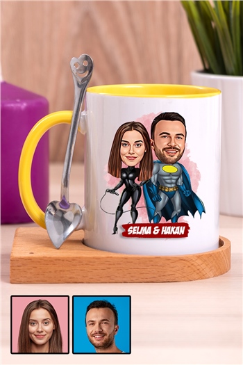 Sevgililere Özel Süper Kahraman  Karikatürlü Ahşap Altlıklı İçi Renkli Kupa Bardak