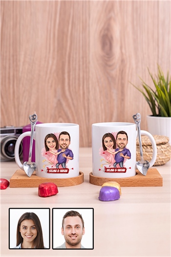 Sevgililere Romantik Hediye Karikatürlü İkili Ahşap Altlıklı Beyaz Kupa Bardak