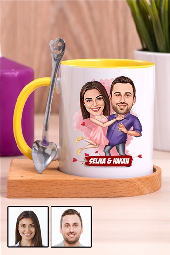Sevgililere Romantik Hediye Karikatürlü Ahşap Altlıklı İçi Renkli Kupa Bardak
