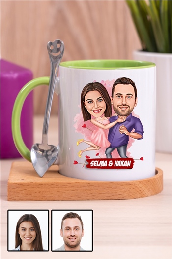 Sevgililere Romantik Hediye Karikatürlü Ahşap Altlıklı İçi Renkli Kupa Bardak