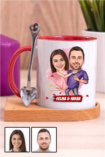Sevgililere Romantik Hediye Karikatürlü Ahşap Altlıklı İçi Renkli Kupa Bardak