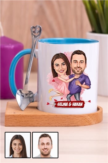Sevgililere Romantik Hediye Karikatürlü Ahşap Altlıklı İçi Renkli Kupa Bardak