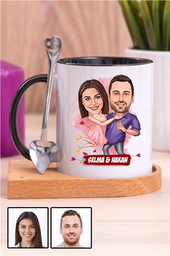 Sevgililere Romantik Hediye Karikatürlü Ahşap Altlıklı İçi Renkli Kupa Bardak