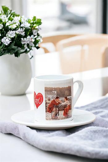 Sevgiliye Hediye 2 Fotoğraflı Beyaz Türk Kahvesi Fincanı