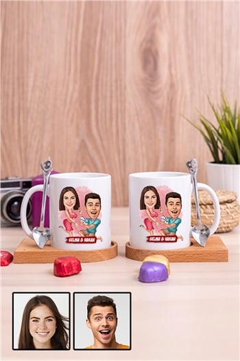 Sevgiliye Hediye Benimle Evlenir Misin  Karikatürlü İkili Ahşap Altlıklı Beyaz Kupa Bardak