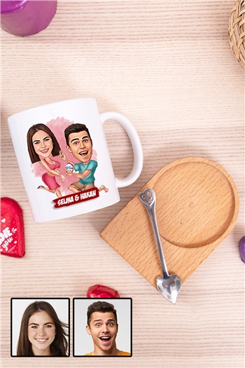 Bayan Eşe Romantik Evlilik Yıl Dönümü Hediyesi Karikatürlü Ahşap Altlıklı Beyaz Kupa Bardak