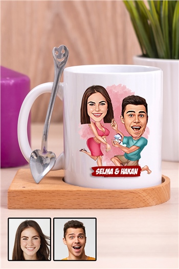 Bayan Eşe Romantik Evlilik Yıl Dönümü Hediyesi Karikatürlü Ahşap Altlıklı Beyaz Kupa Bardak