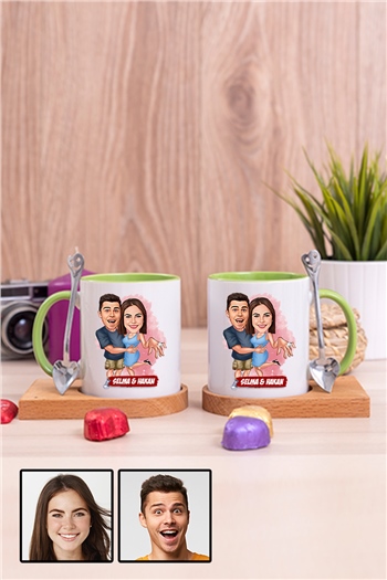 Sevgiliye Hediye Evlenme Teklifi Temalı Karikatürlü İkili Ahşap Altlıklı İçi Renkli Kupa Bardak