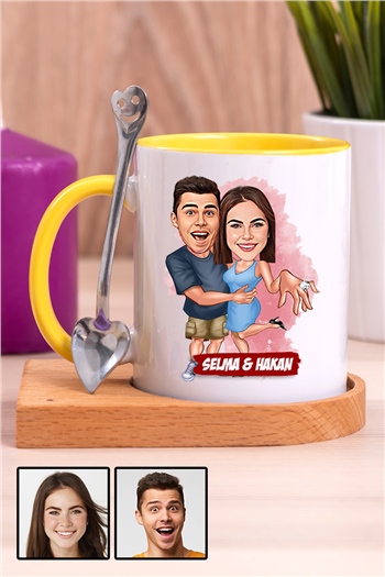 Sevgiliye Hediye Evlenme Teklifi Temalı Karikatürlü Ahşap Altlıklı İçi Renkli Kupa Bardak