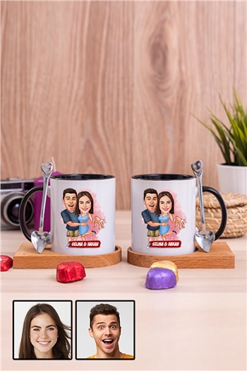 Sevgiliye Hediye Evlenme Teklifi Temalı Karikatürlü İkili Ahşap Altlıklı İçi Renkli Kupa Bardak