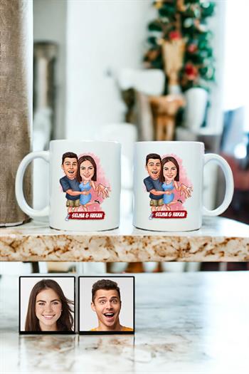 Sevgiliye Hediye Evlenme Teklifi Temalı Karikatürlü İkili Beyaz Kupa Bardak