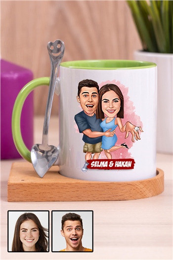 Sevgiliye Hediye Evlenme Teklifi Temalı Karikatürlü Ahşap Altlıklı İçi Renkli Kupa Bardak