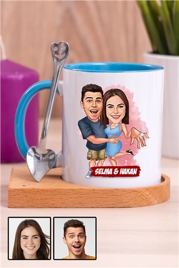 Sevgiliye Hediye Evlenme Teklifi Temalı Karikatürlü Ahşap Altlıklı İçi Renkli Kupa Bardak