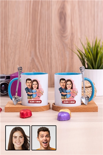 Sevgiliye Hediye Evlenme Teklifi Temalı Karikatürlü İkili Ahşap Altlıklı İçi Renkli Kupa Bardak
