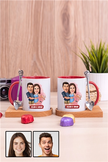 Sevgiliye Hediye Evlenme Teklifi Temalı Karikatürlü İkili Ahşap Altlıklı İçi Renkli Kupa Bardak