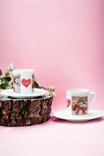 Sevgiliye Hediye İki Fotoğraflı İkili Beyaz Türk Kahvesi Fincanı