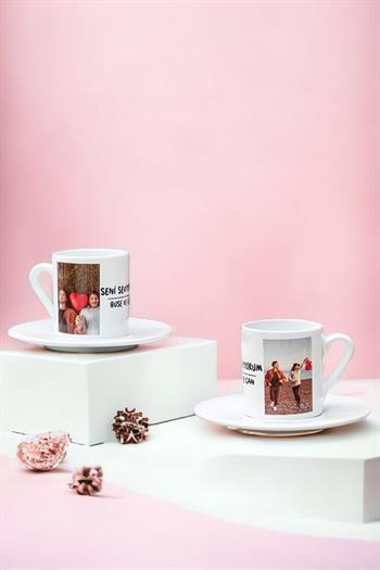 Sevgiliye Hediye İsimli 2 Fotoğraflı İkili Beyaz Türk Kahvesi Fincanı