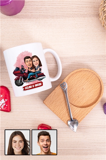 Sevgiliye Hediye Motorsiklet Temalı Karikatürlü Ahşap Altlıklı Beyaz Kupa Bardak