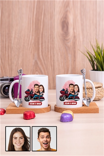 Sevgiliye Hediye Motorsiklet Temalı Karikatürlü İkili Ahşap Altlıklı Beyaz Kupa Bardak