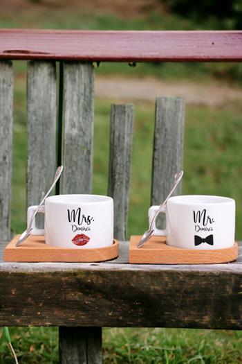 Sevgiliye Hediye Mr Mrs Ahşap Altlıklı İkili Fincan