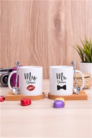 Sevgiliye Hediye Mr Mrs Ahşap Altlıklı İkili Beyaz Kupa Bardak