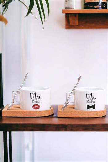 Sevgiliye Hediye Mr Mrs Ahşap Altlıklı İkili Fincan