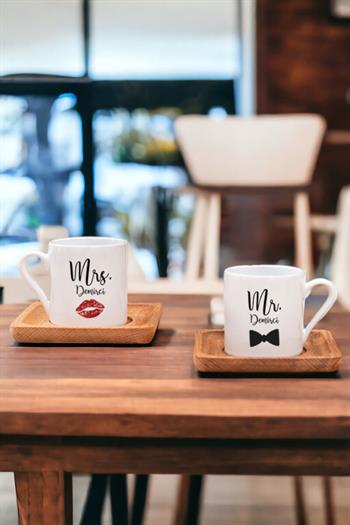 Sevgiliye Hediye Mr Mrs İkili Ahşap Altlıklı Türk Kahvesi Fincanı