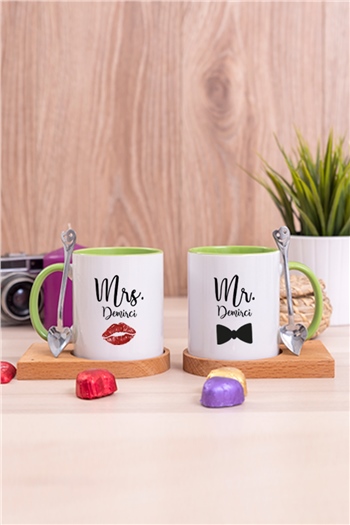 Sevgiliye Hediye Mr Mrs İkili Ahşap Altlıklı İçi Renkli Kupa Bardak