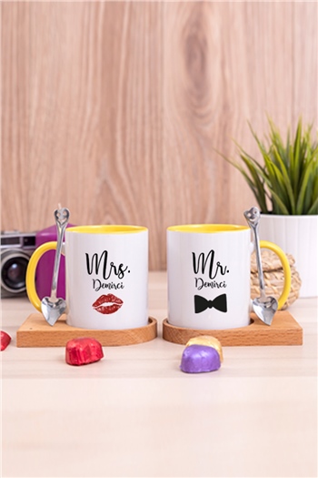 Sevgiliye Hediye Mr Mrs İkili Ahşap Altlıklı İçi Renkli Kupa Bardak