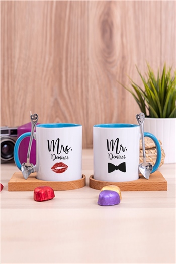 Sevgiliye Hediye Mr Mrs İkili Ahşap Altlıklı İçi Renkli Kupa Bardak
