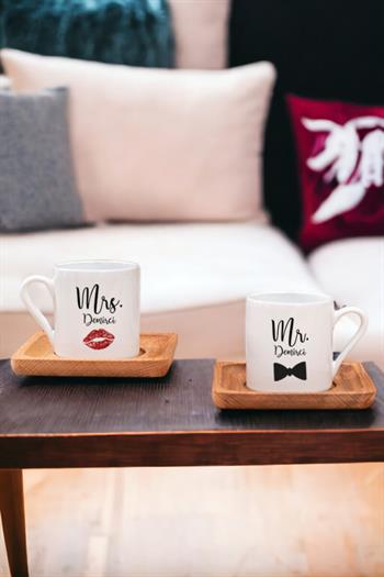 Sevgiliye Hediye Mr Mrs İkili Ahşap Altlıklı Türk Kahvesi Fincanı