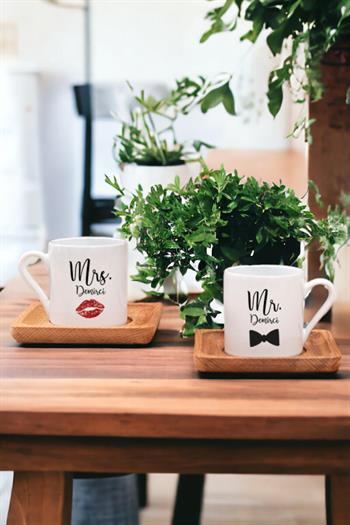 Sevgiliye Hediye Mr Mrs İkili Ahşap Altlıklı Türk Kahvesi Fincanı