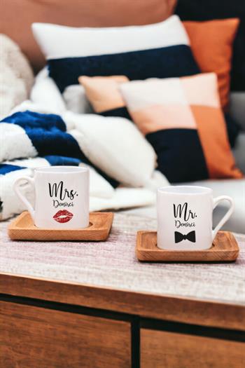 Sevgiliye Hediye Mr Mrs İkili Ahşap Altlıklı Türk Kahvesi Fincanı