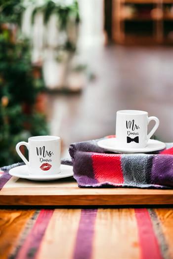 Sevgiliye Hediye Mr Mrs İkili Beyaz Türk Kahvesi Fincanı