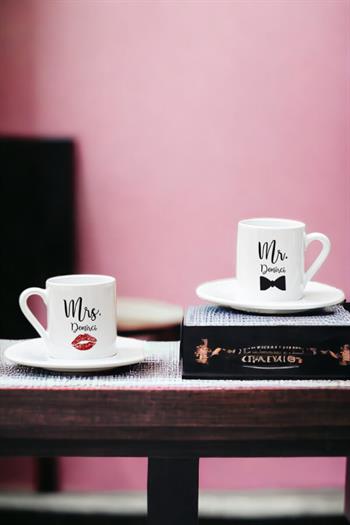 Sevgiliye Hediye Mr Mrs İkili Beyaz Türk Kahvesi Fincanı