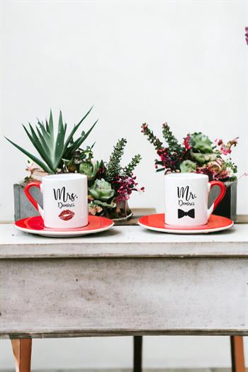 Sevgiliye Hediye Mr Mrs İkili Kırmızı Türk Kahvesi Fincanı