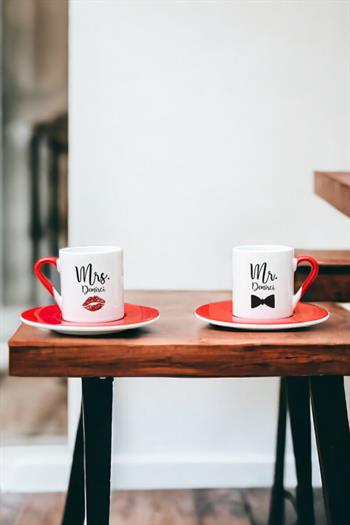 Sevgiliye Hediye Mr Mrs İkili Kırmızı Türk Kahvesi Fincanı