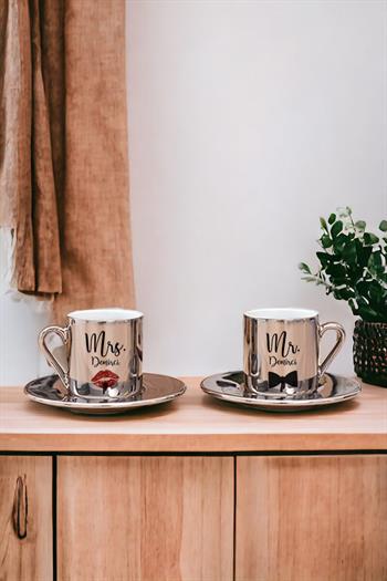 Sevgiliye Hediye Mr Mrs Porselen İkili Gold - Silver Türk Kahvesi Fincanı